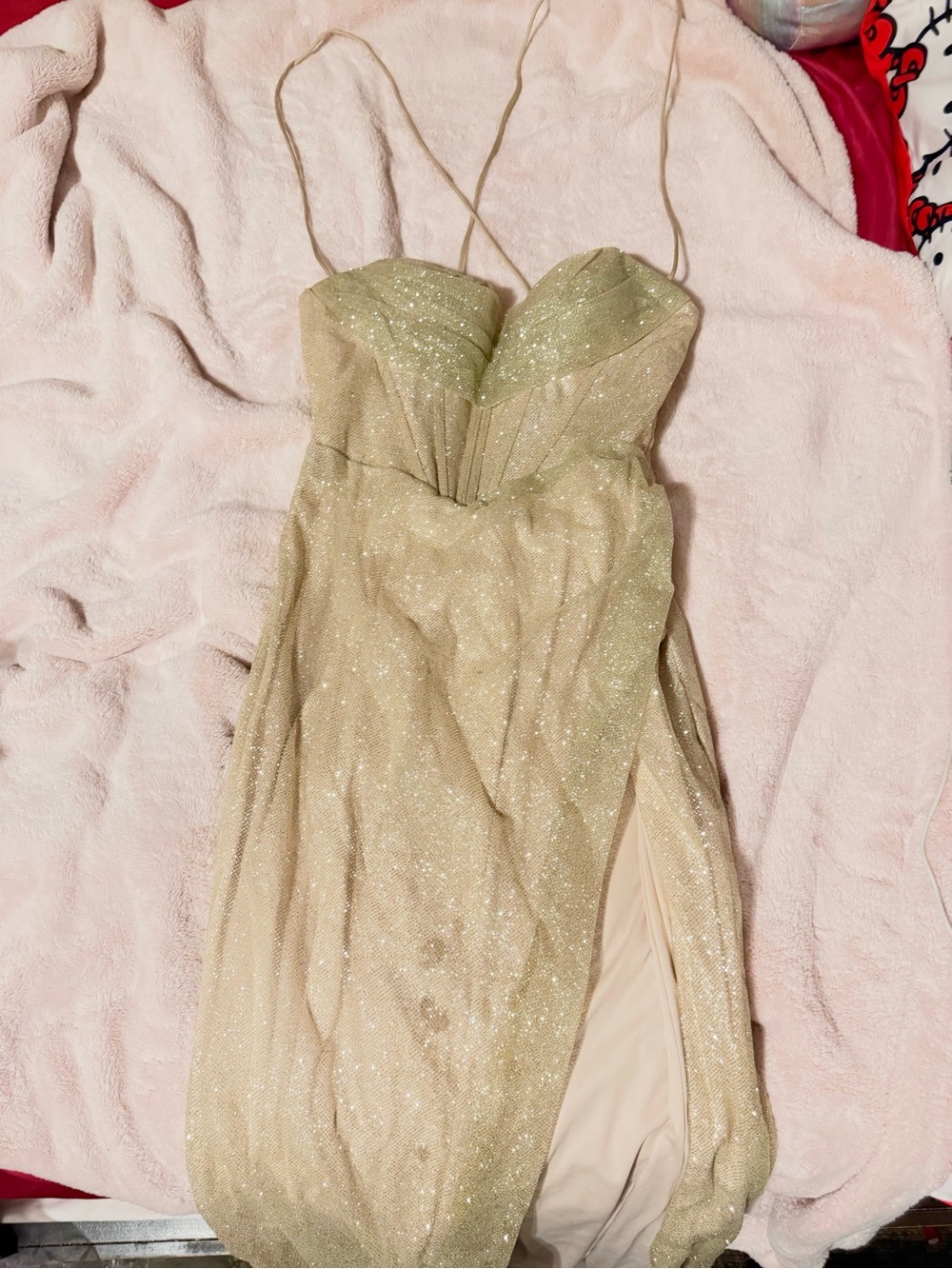 Strapless Sparkly Evening Slit Dress in Champagne